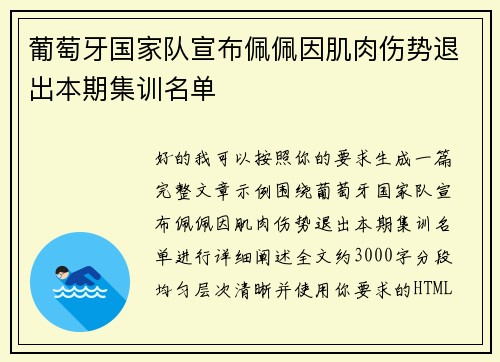 葡萄牙国家队宣布佩佩因肌肉伤势退出本期集训名单